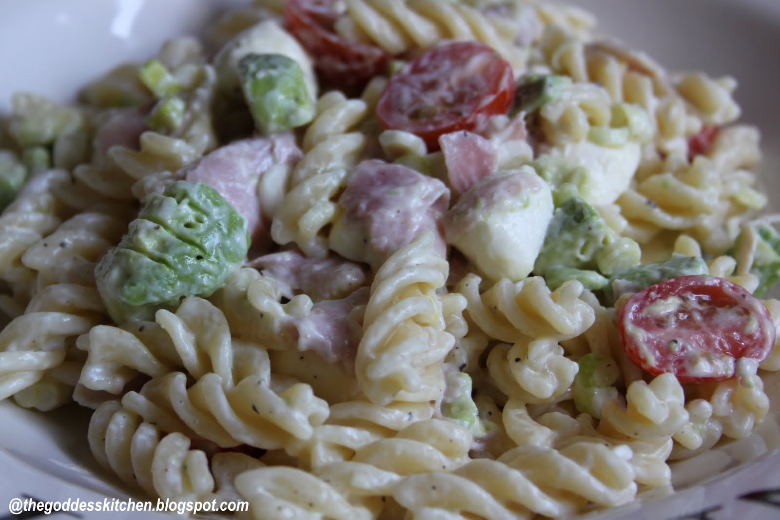 Ham Pasta Salad
 The Goddess s Kitchen ♥ Creamy Pasta Salad with Ham