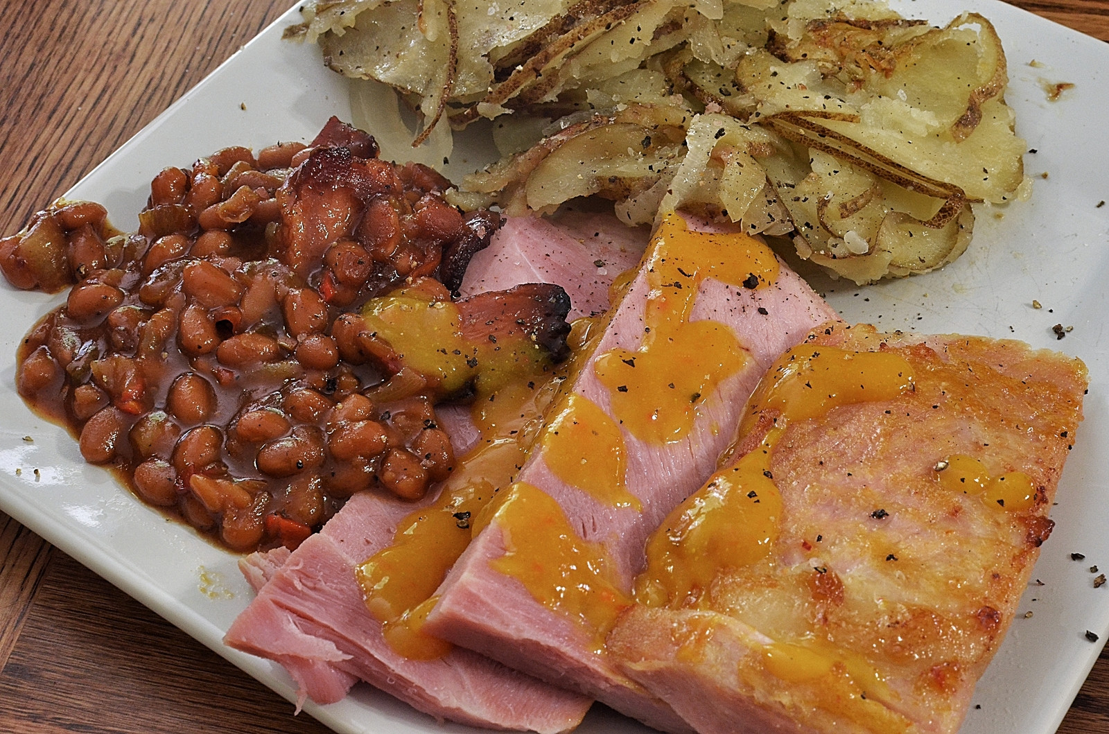 Ham Steak Dinner
 Ham Steaks with Baked Beans and Home Fries