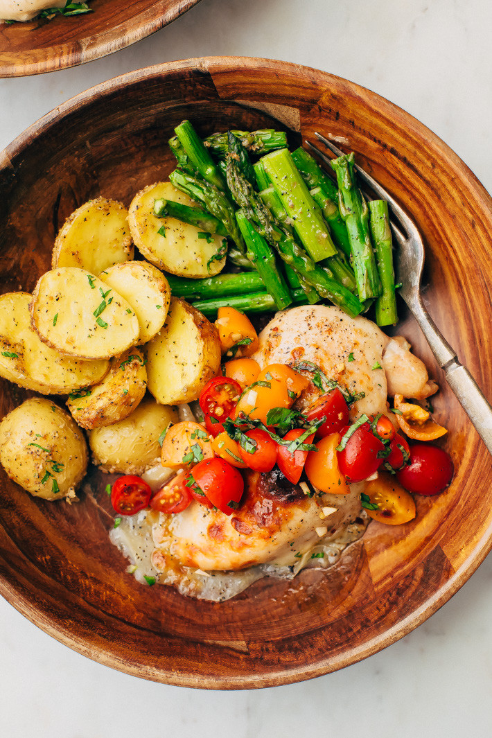 Healthy Chicken Dinners
 Sheet Pan Bruschetta Chicken with Potatoes and Asparagus