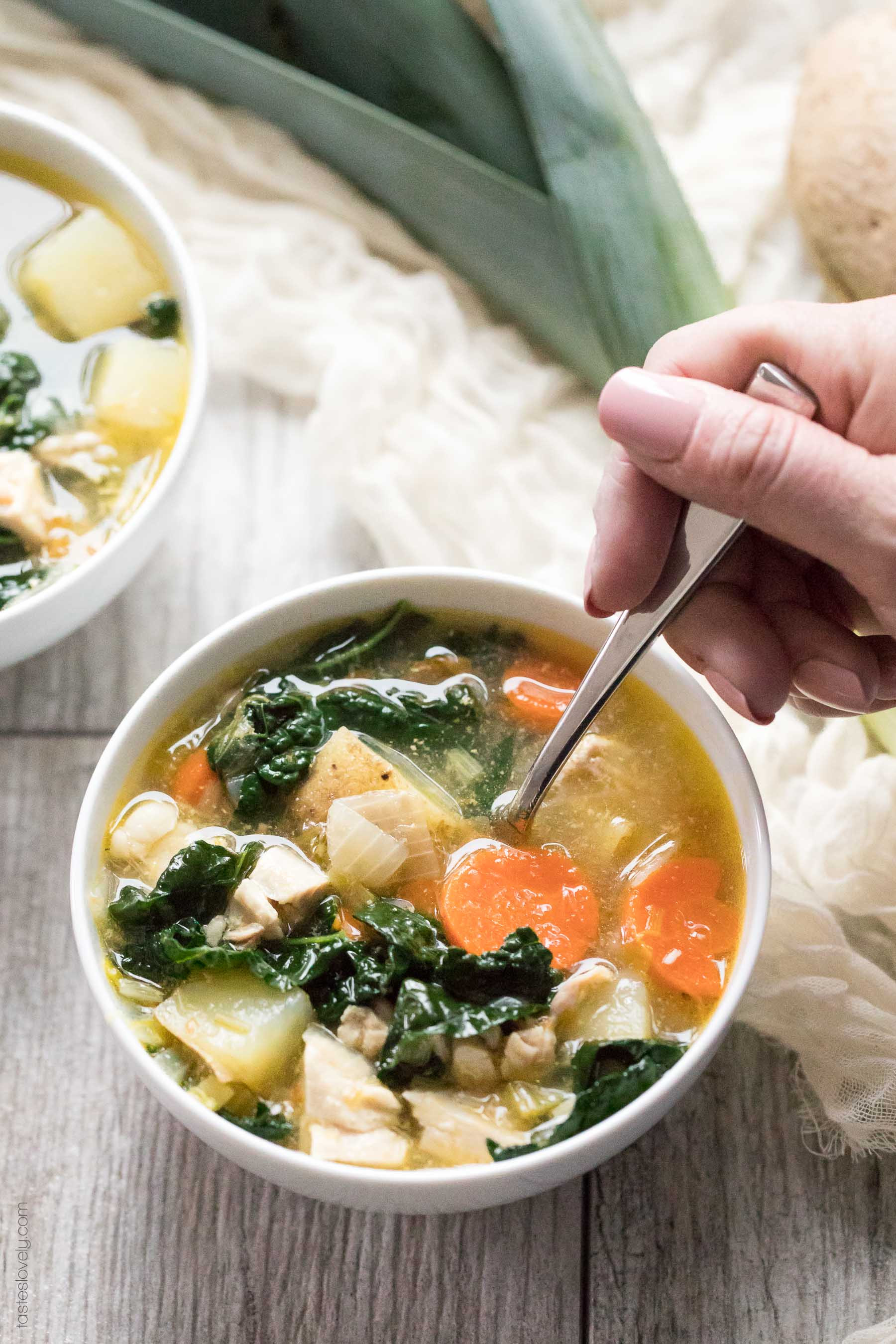 Healthy Chicken Soup
 Paleo & Whole30 Potato Leek & Chicken Soup with Kale