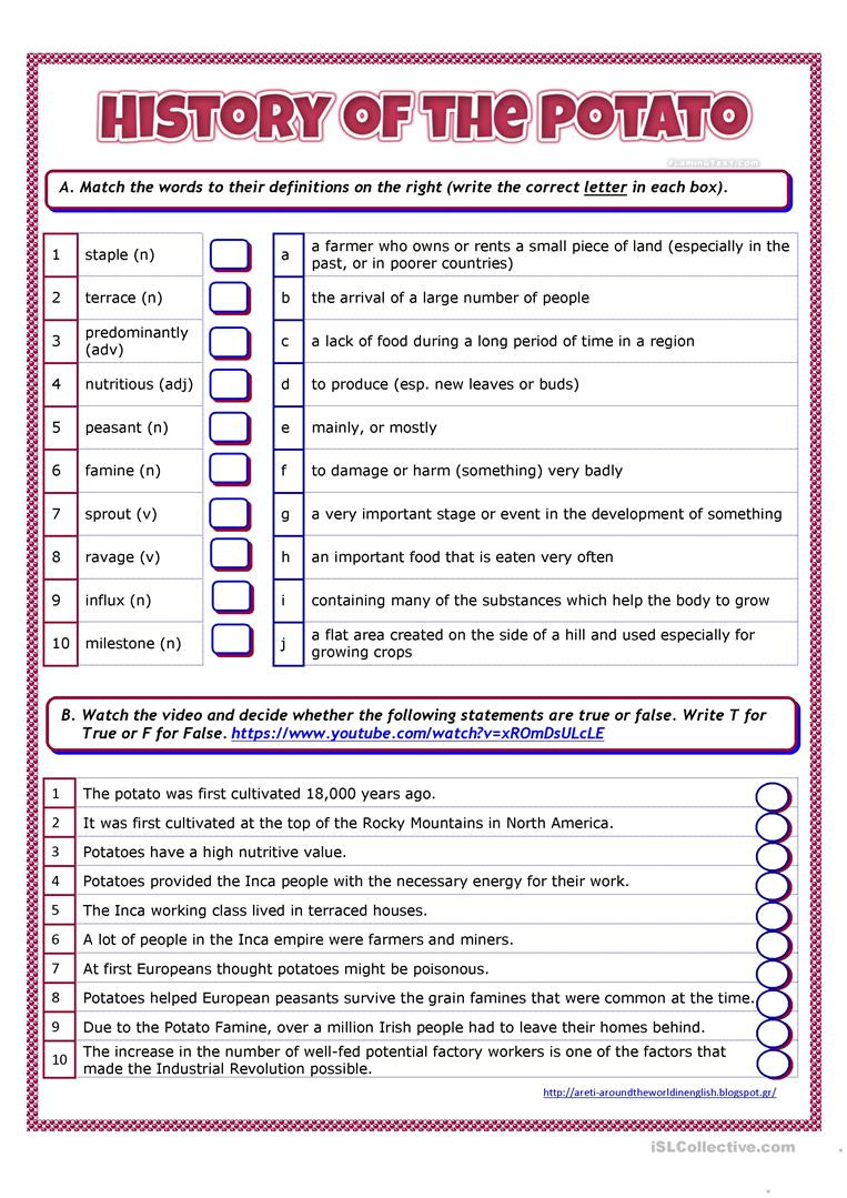 History Of The Potato
 History of the Potato worksheet Free ESL printable