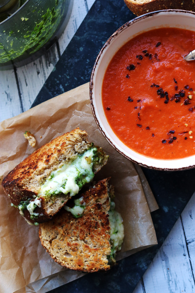 Homemade Tomato Basil Soup
 Homemade Basil Pesto and Cheddar Grilled Cheese with