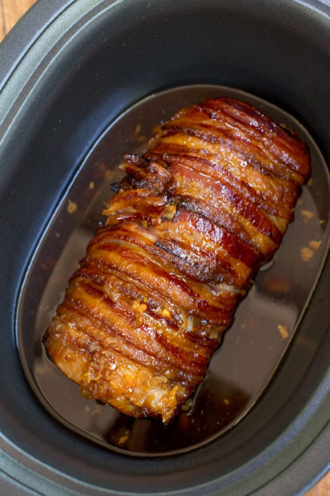 How Long To Cook Pork Tenderloin In Crock Pot
 Slow Cooker Bacon Garlic Pork Loin Dinner then Dessert