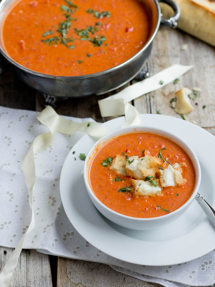 How To Make Tomato Basil Soup
 Roasted Tomato Basil Soup w Mini Grilled Cheese Croutons