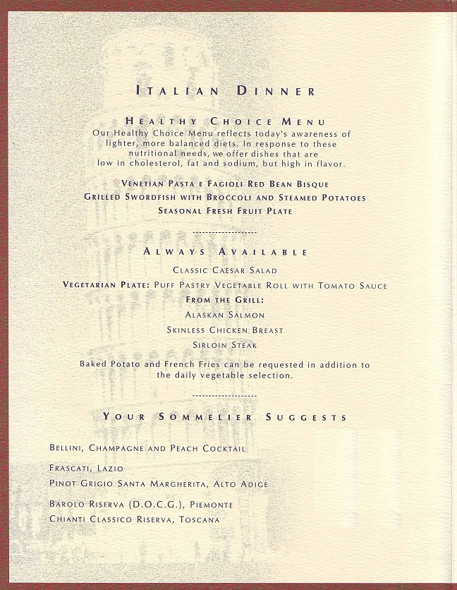 Italian Dinner Menu
 Tuesday Menu Italian Dinner