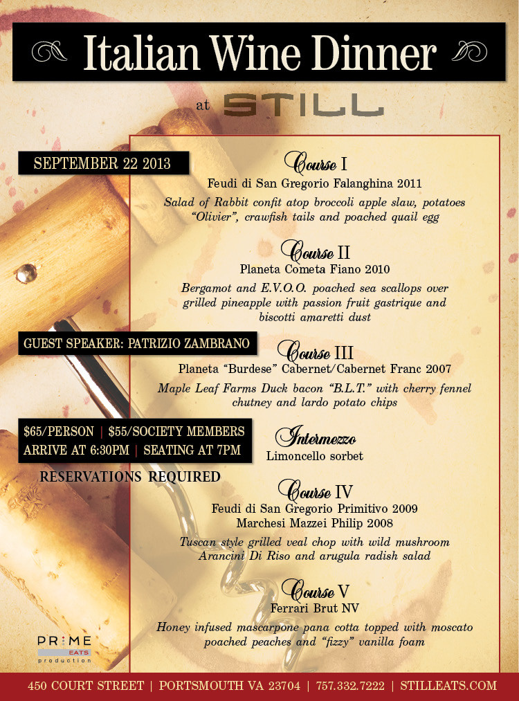 Italian Dinner Menu
 Italian Wine Dinner at Still