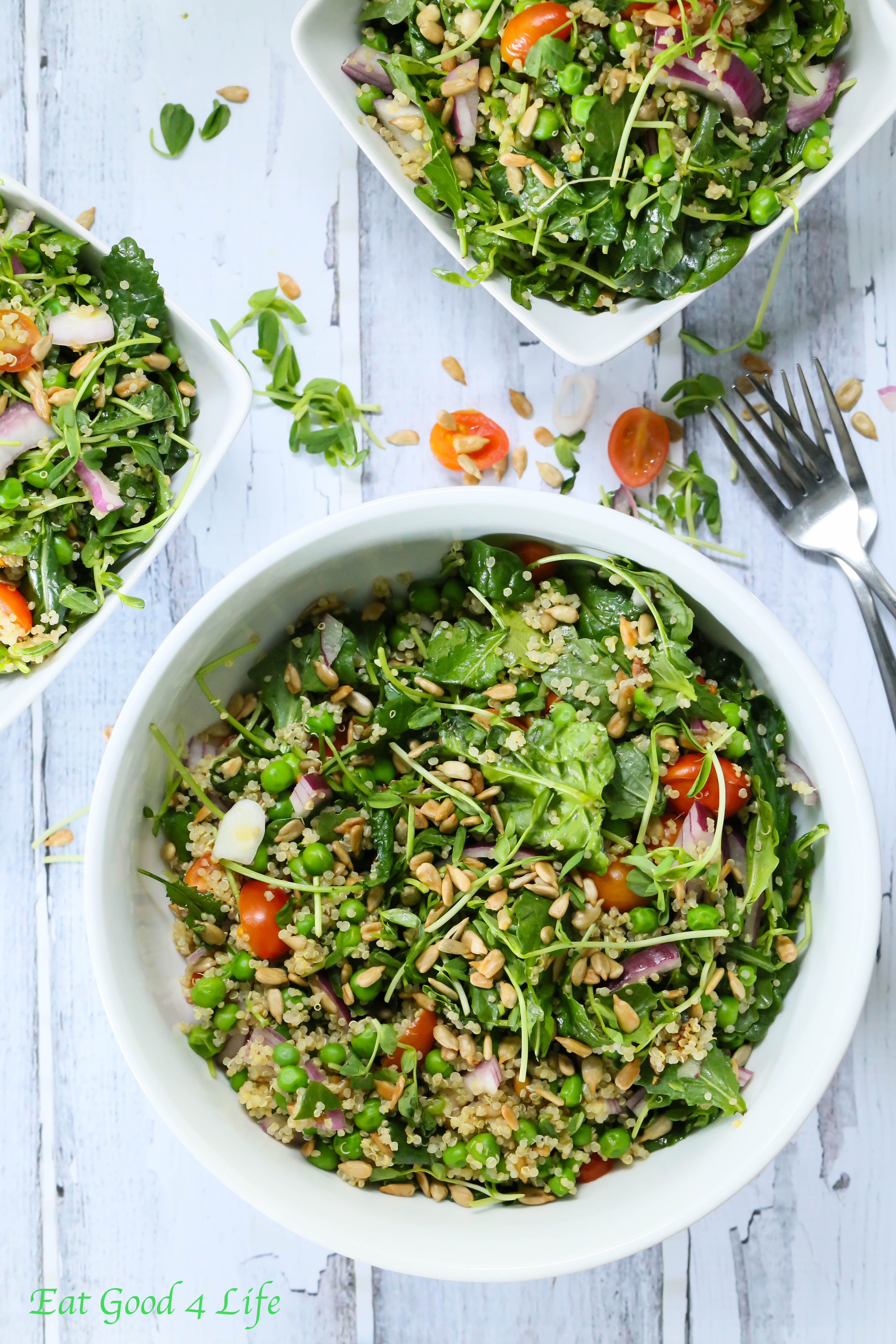 Kale Quinoa Salad
 Quinoa Kale and pea salad