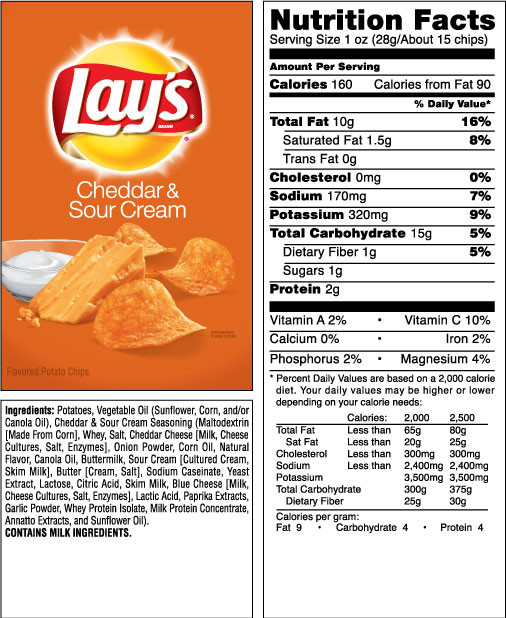 Lays Potato Chips Nutrition
 LAY S Cheddar & Sour Cream Flavored Potato Chips