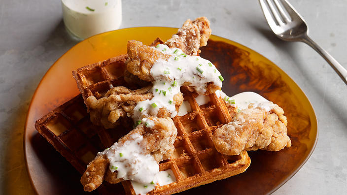 Lolo'S Chicken And Waffles
 Karaage chicken and waffles with ranch dressing recipe