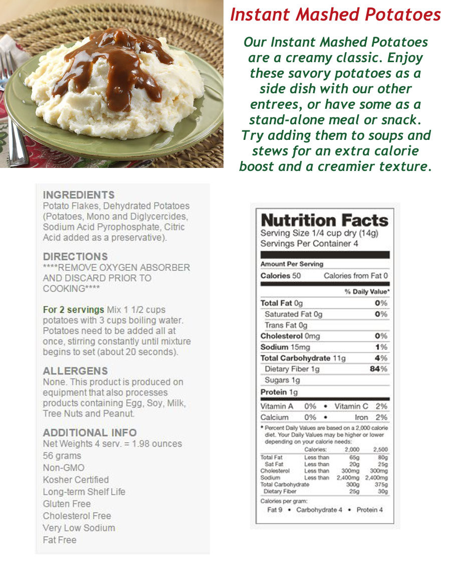 Mashed Potato Nutrition
 Legacy Premium 2 Person 72 Hour 2000 Calorie per Day