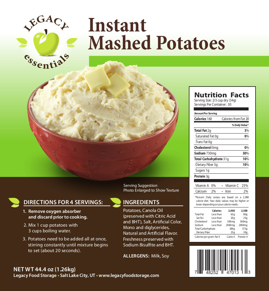 Mashed Potato Nutrition
 Legacy Essentials Instant Mashed Potatoes 30 Servings