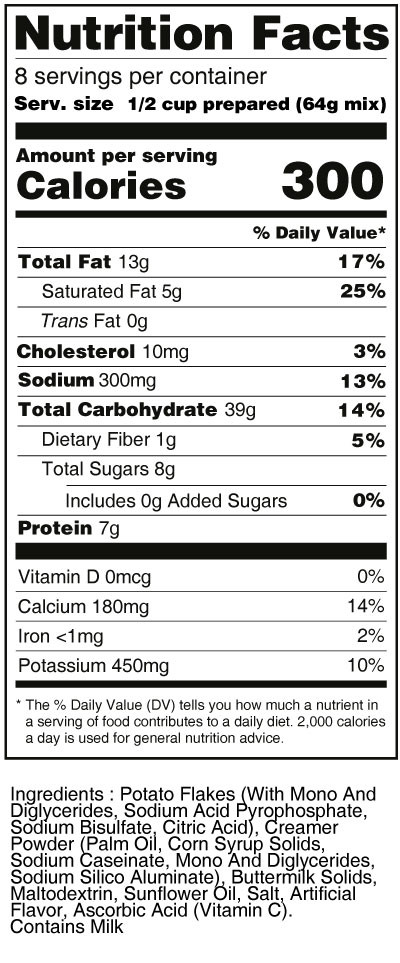 Mashed Potato Nutrition
 Bernard High Protein Mashed Potato Mix