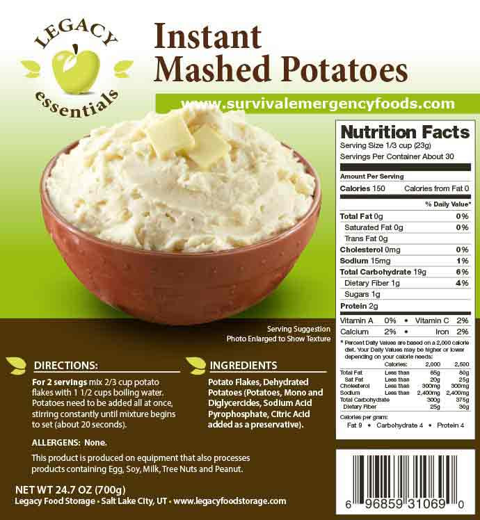 Mashed Potatoes Calories
 Freeze Dried Emergency Food Ve ables