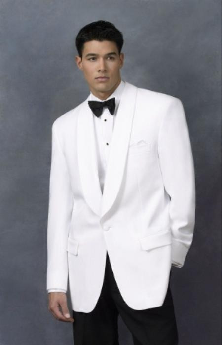 Mens White Dinner Jacket
 Snow White Dinner Jacket Poly 1 Button Shawl Collar