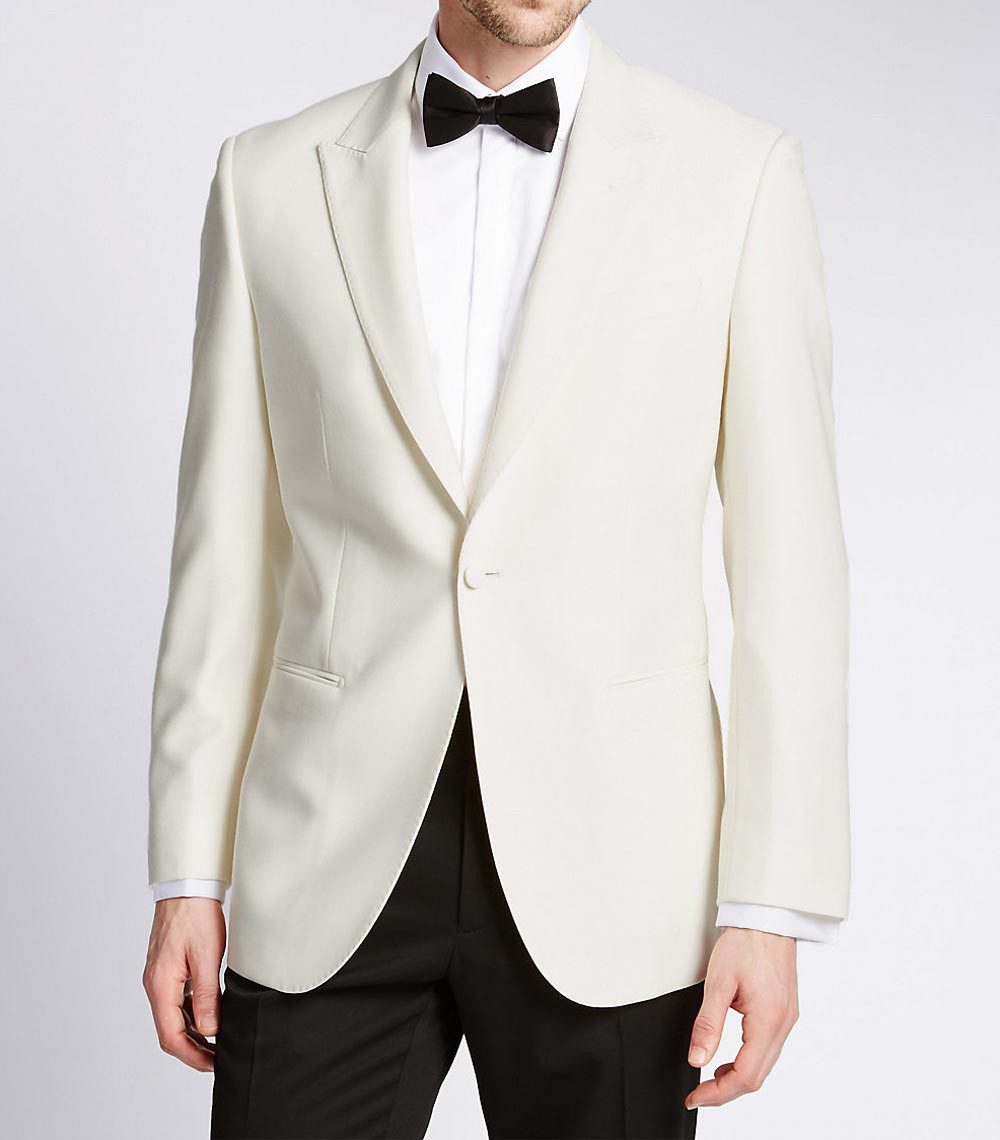 Mens White Dinner Jacket
 Single Button Wide Peak Lapel Mens White Dinner Jacket