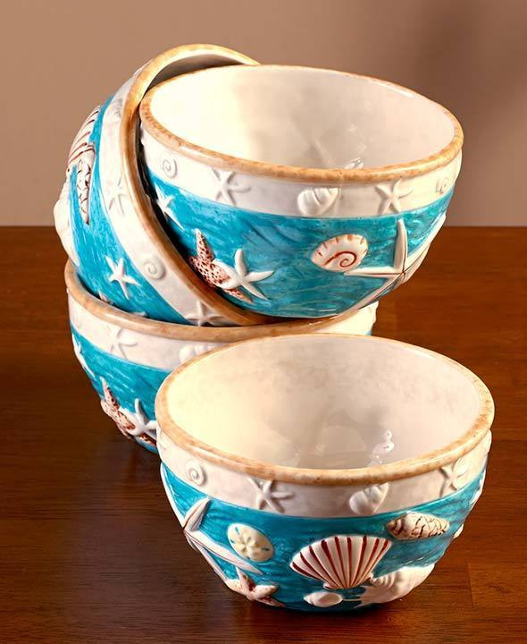 Nautical Dinner Ware
 Coastal Cottage Dinnerware Bowl Set of 4 Seashell Beach