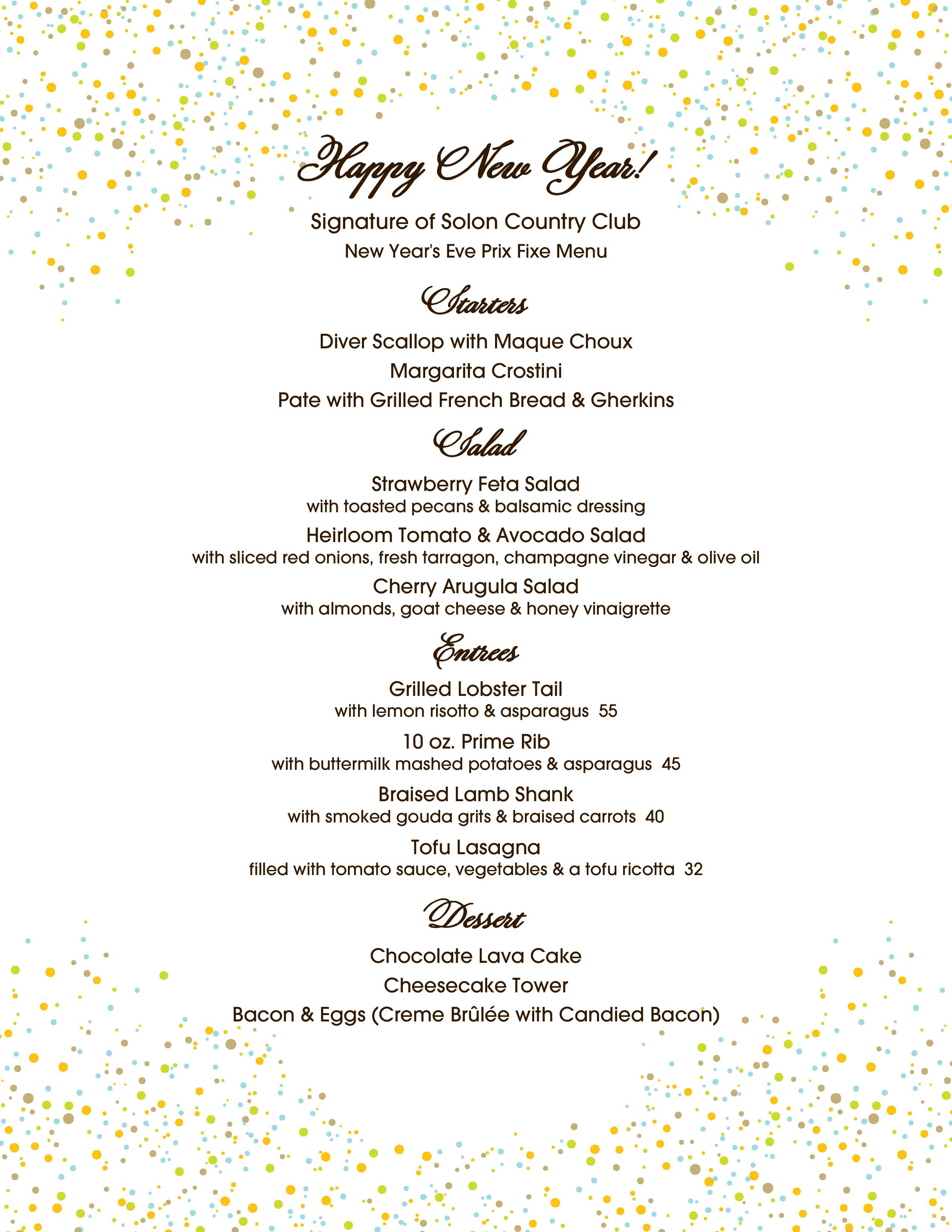 New Year Day Dinner Menu
 New Year s Eve Dinner Signature of Solon