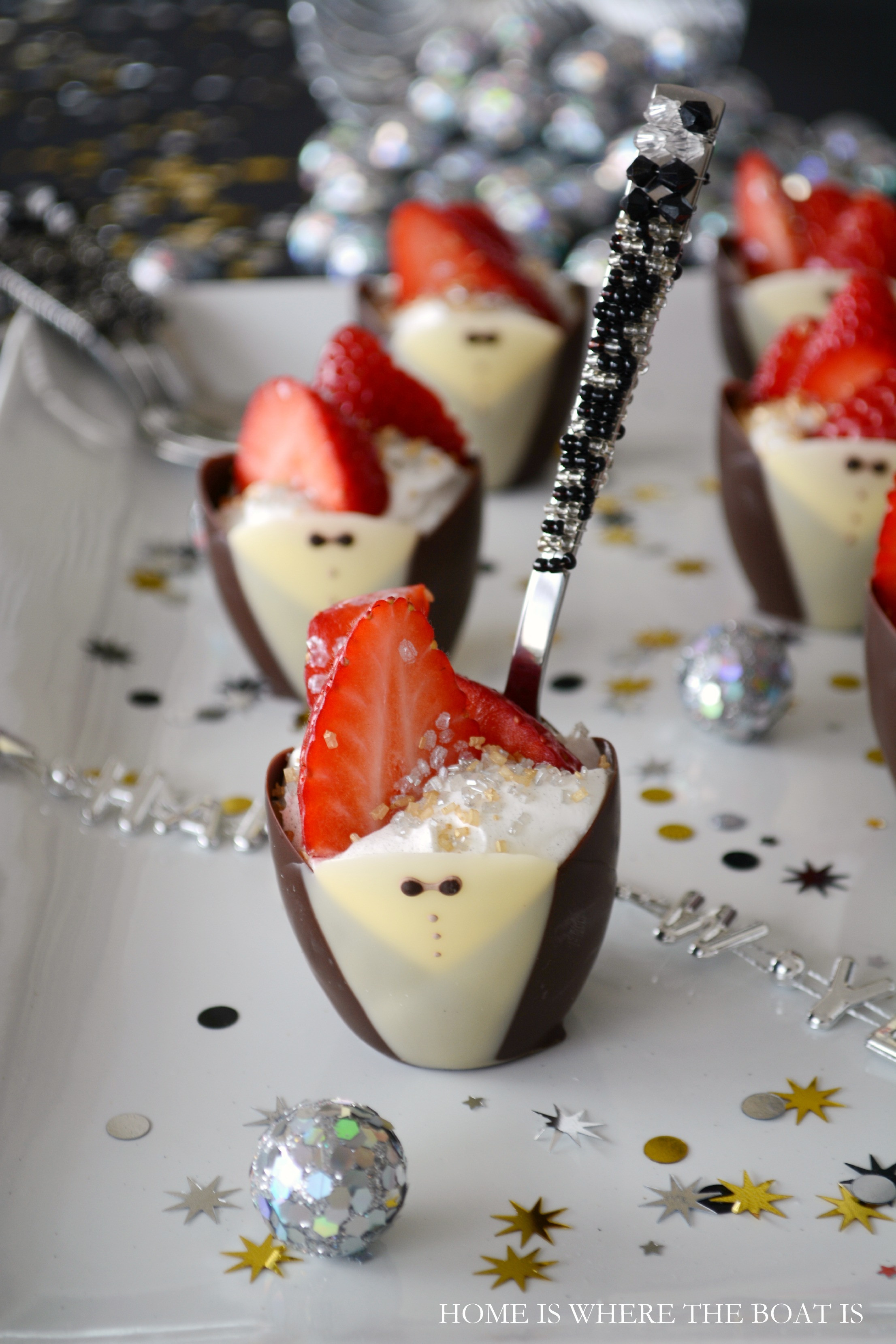 New Years Dessert
 Happy New Year Chocolate Tuxedo Cups with Strawberries