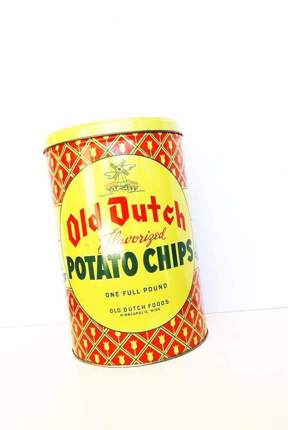 Old Dutch Potato Chips
 Vintage 1940s Old Dutch Potato Chip Tin Canister Round