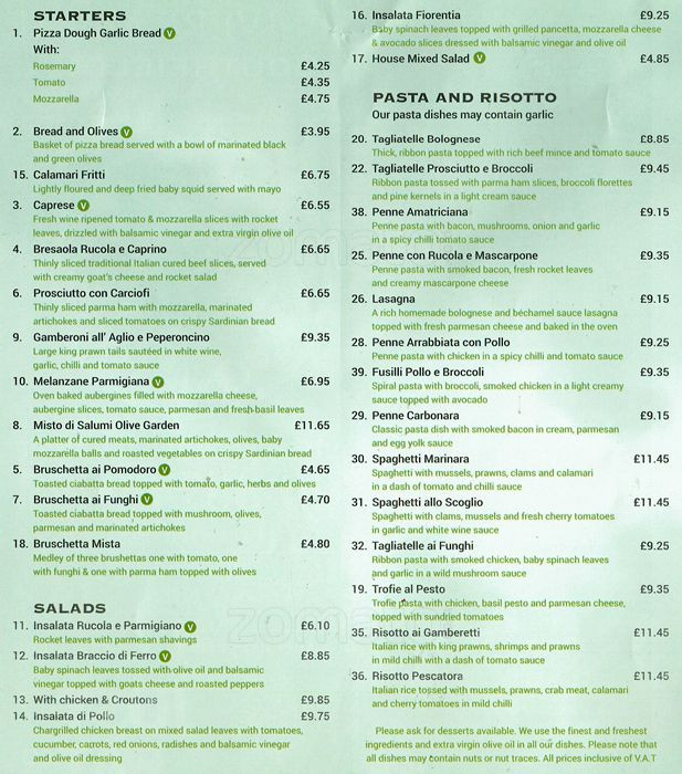 Olive Garden Dinner Menu
 Olive Garden Precios