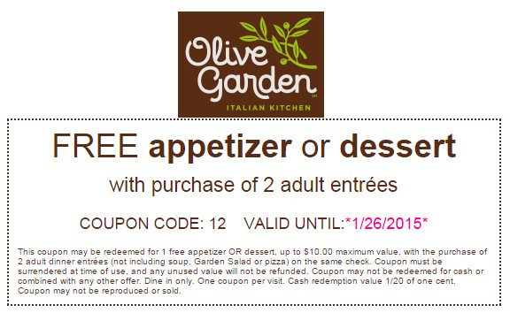 Olive Garden Free Dessert Coupon
 FREE app or dessert Olive Garden January 2015