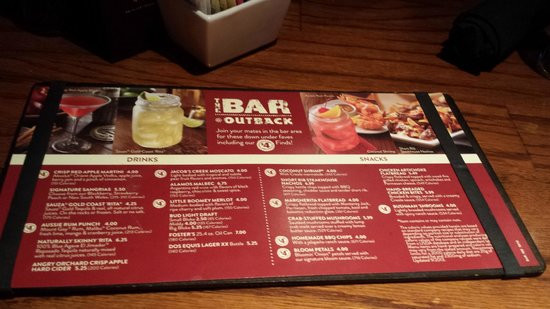 Outback Desserts Menu
 The smaller portion menu you will find at the bar