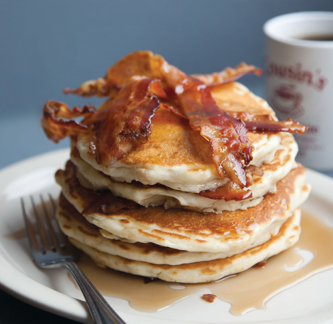 Pancakes And Bacon
 Six Pack Pancakes for Breakfast Lunch or Dinner