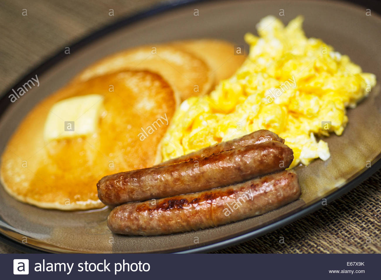 Pancakes And Sausage
 Eggs Pancakes Sausages Breakfast Stock Alamy