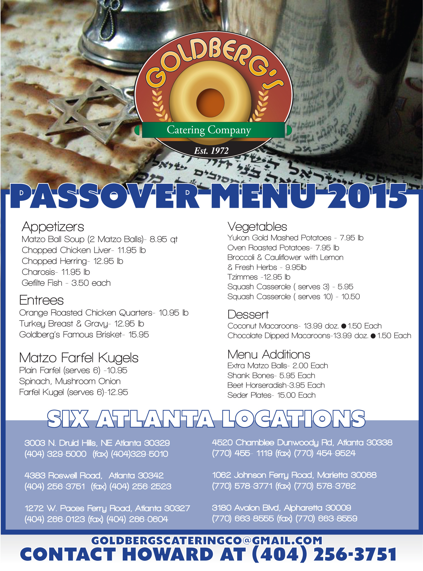 Passover Dinner Menus
 Goldbergs Passover Menu