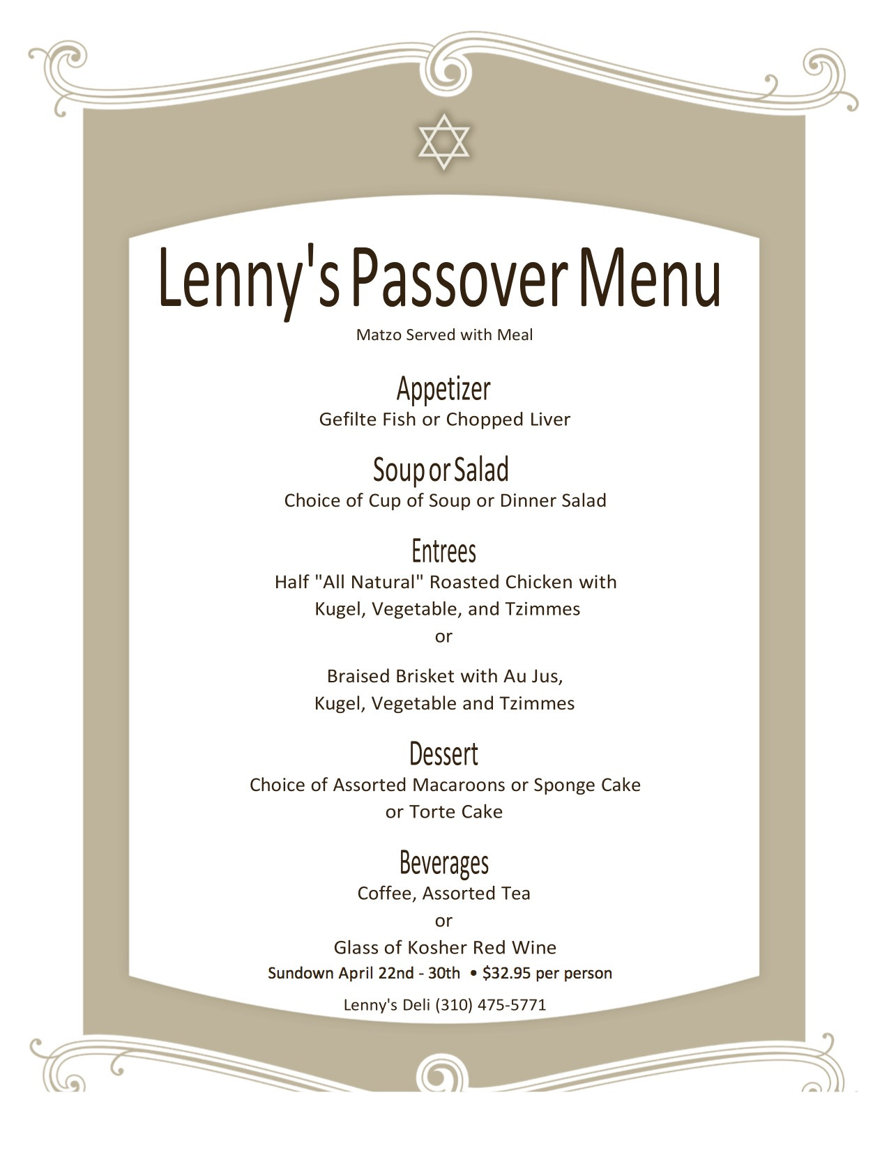 Passover Dinner Menus
 Lennys Passover Menu Lenny s Deli Los Angeles