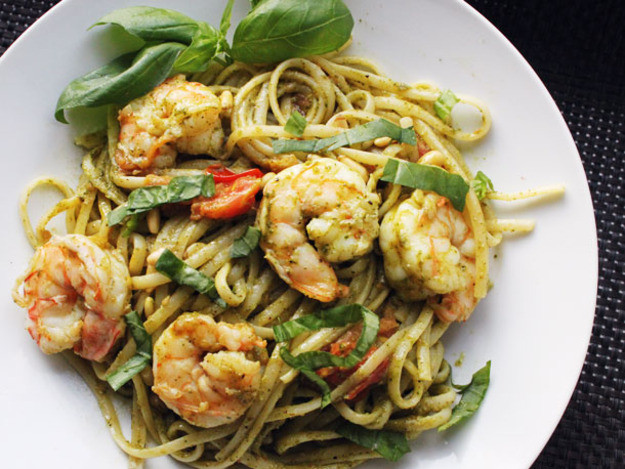 Pesto Shrimp Pasta
 Skillet Suppers Pesto Pasta with Shrimp and Pine Nuts