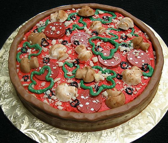 Pizza Birthday Cake
 Pepperoni and mushroom pizza pie theme cake JPG