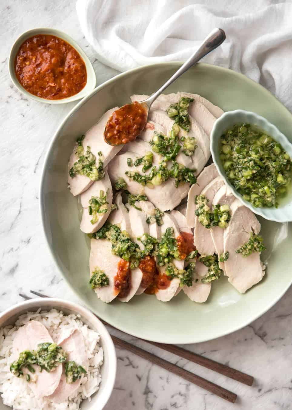 Poached Chicken Breasts
 Foolproof Poached Chicken Breast with Ginger Shallot Sauce