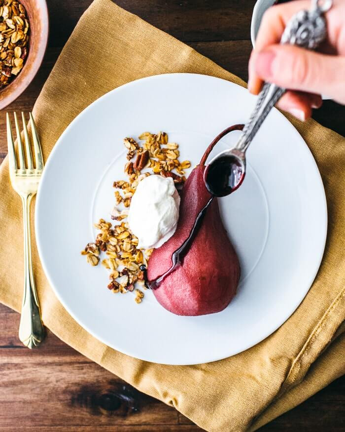 Poached Pears Desserts
 Poached Pears with Pecan Granola and Whipped Cream