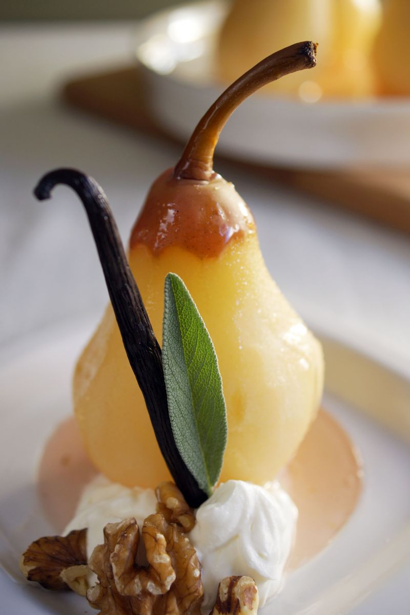 Poached Pears Desserts
 Treat of the Week Poached Pears in Vanilla Sage Wine