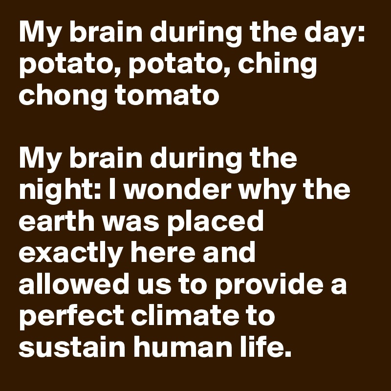 Potato Potato Ching Chong Tomato
 My brain during the day potato potato ching chong