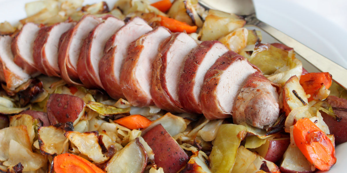 Prosciutto Wrapped Pork Tenderloin
 Prosciutto wrapped pork tenderloin with roasted ve ables