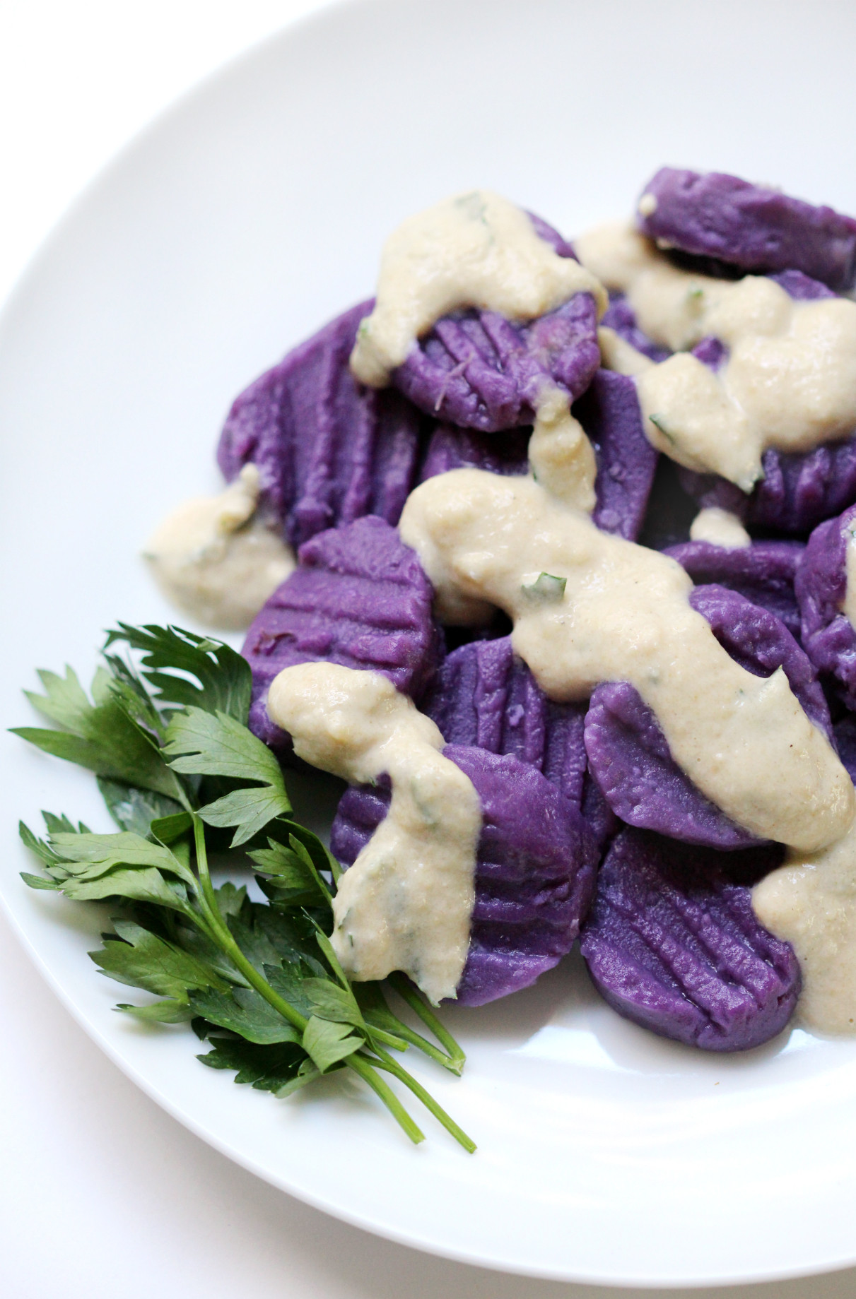 Purple Potato Recipe
 Purple Sweet Potato Gnocchi with Tahini Parsley Sauce