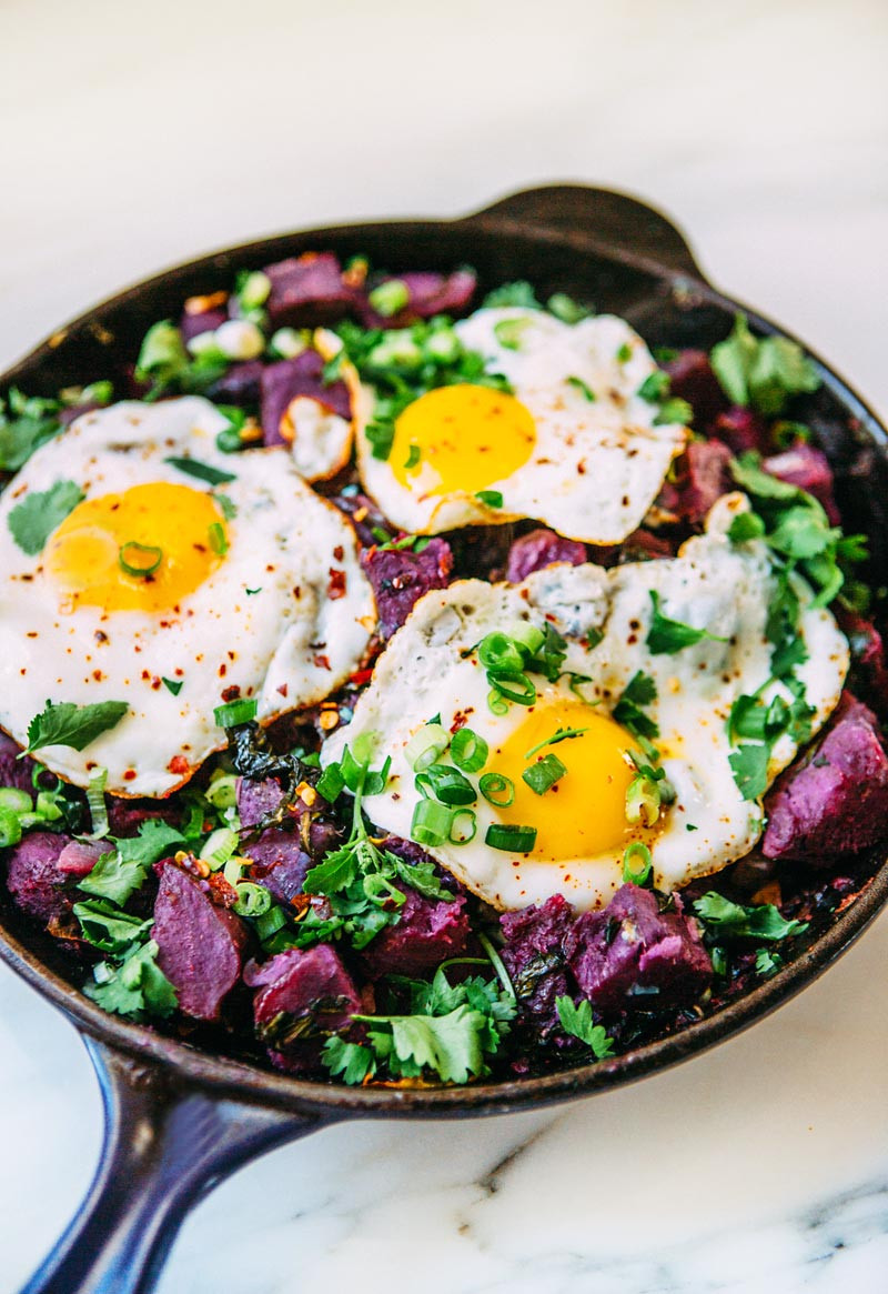 Purple Sweet Potato Recipe
 purple sweet potato and kale hash with fried eggs – A