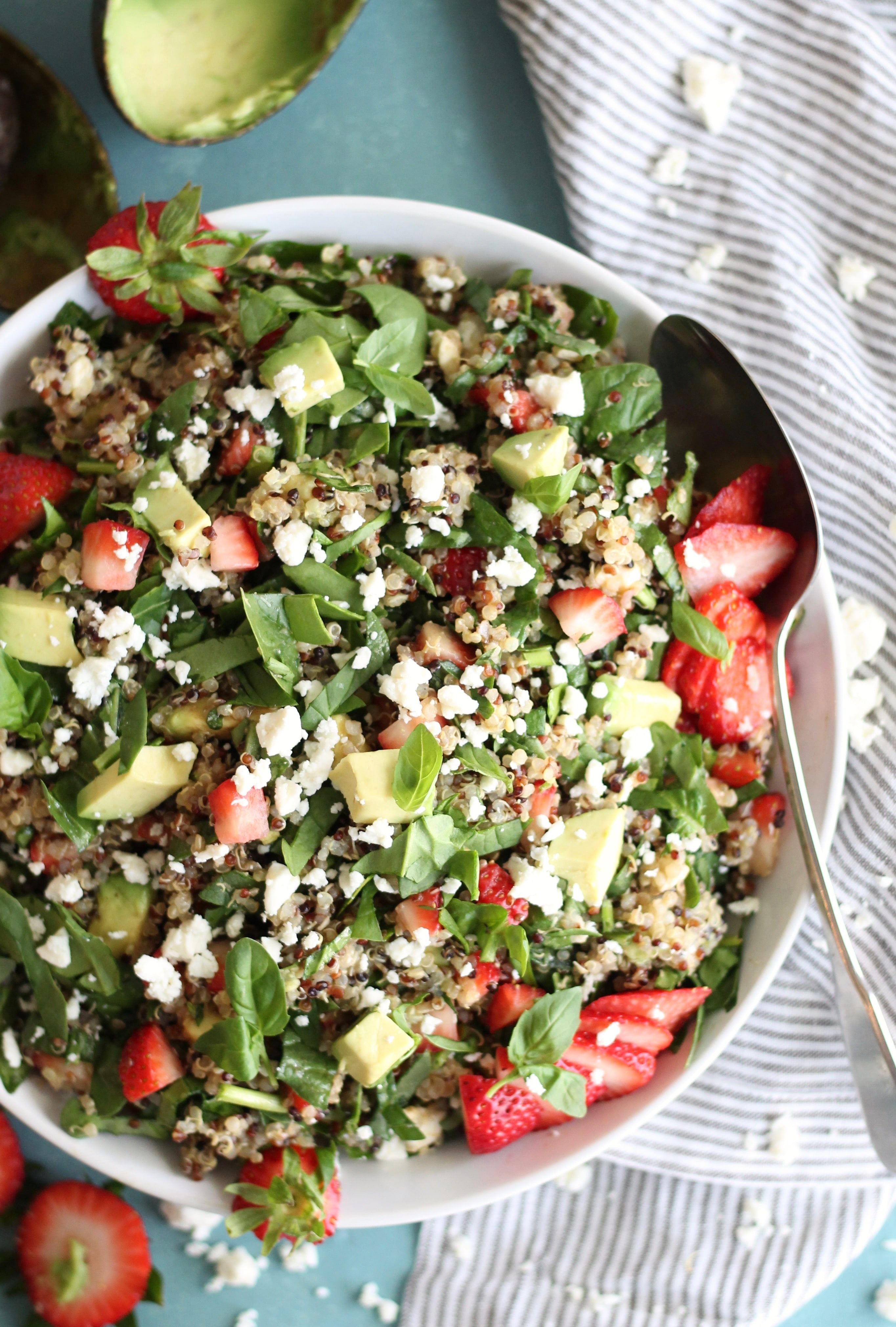 Quinoa Spinach Salad
 Strawberry Avocado Feta Spinach Quinoa Salad with Basil