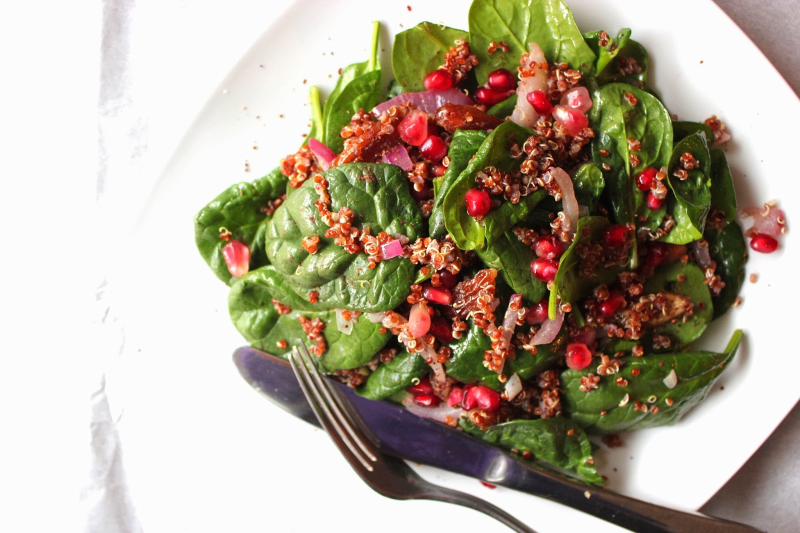 Quinoa Spinach Salad
 Swirl & Scramble Baby Spinach Quinoa Salad with Dates & Sumac