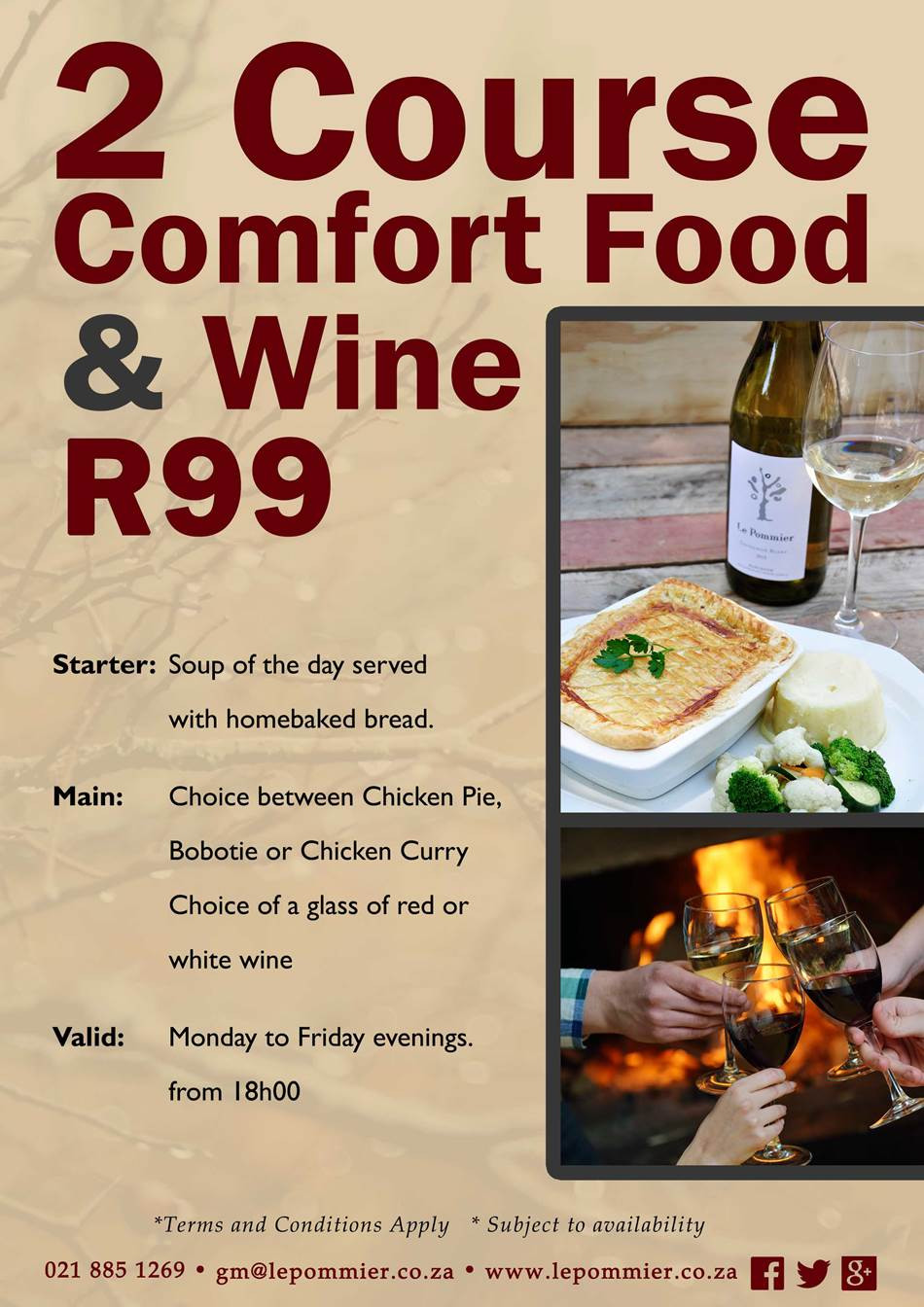 Restaurants With Dinner For 2 Specials
 R99 Dinner & Wine Special at Le Pommier