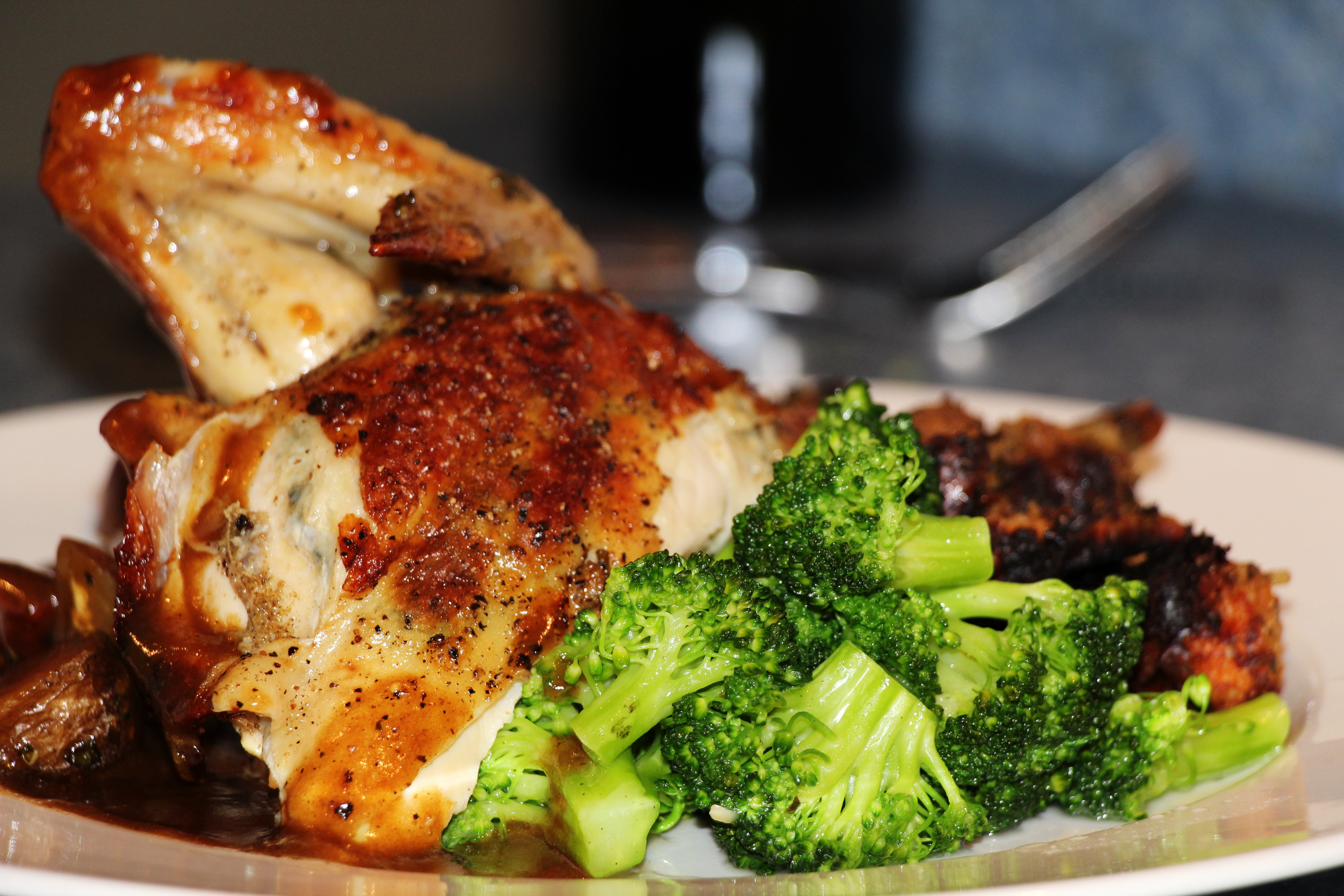 Roasted Chicken Dinner
 File Roasted Chicken Dinner Plate Broccoli Demi Glace