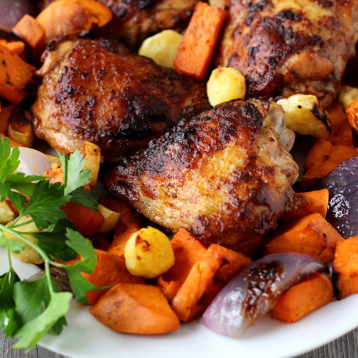 Roasted Chicken Thighs And Vegetables
 Burnished Chicken Thighs with Roasted Root Ve ables