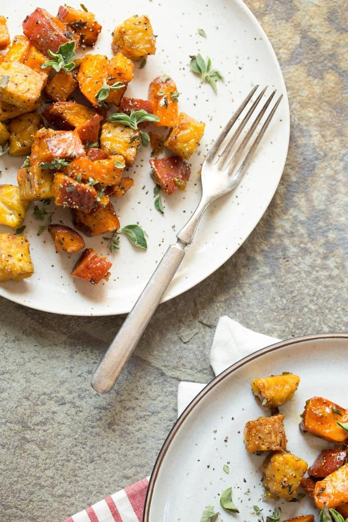 Roasted Sweet Potato Chunks
 Roasted Sweet Potatoes with Tempeh Chunks Foodness Gracious