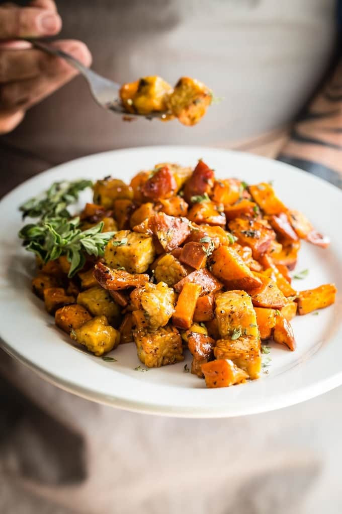 Roasted Sweet Potato Chunks
 Roasted Sweet Potatoes with Tempeh Chunks Foodness Gracious