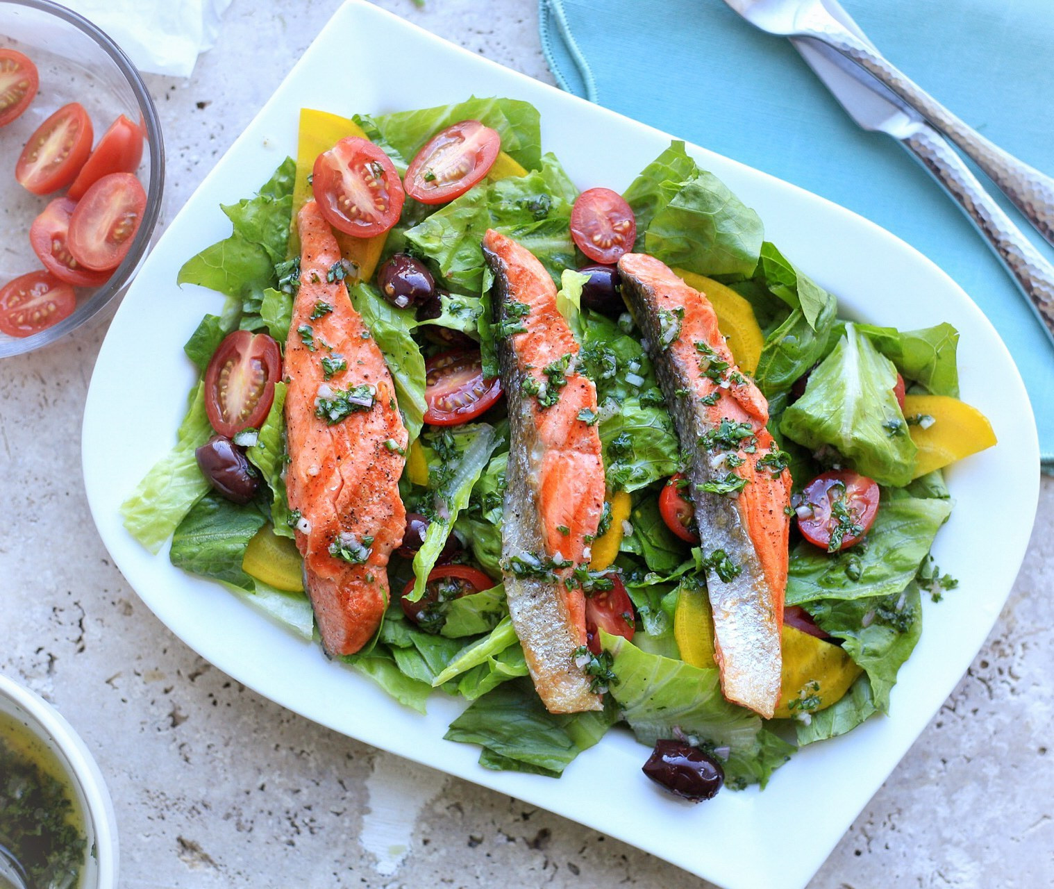 Salad With Salmon
 Grilled Salmon salad with Romaine and yellow beets