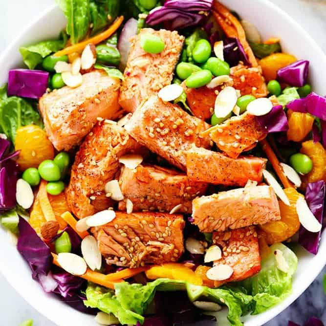 Salad With Salmon
 Asian Pan Seared Salmon Salad with Honey Sesame Dressing