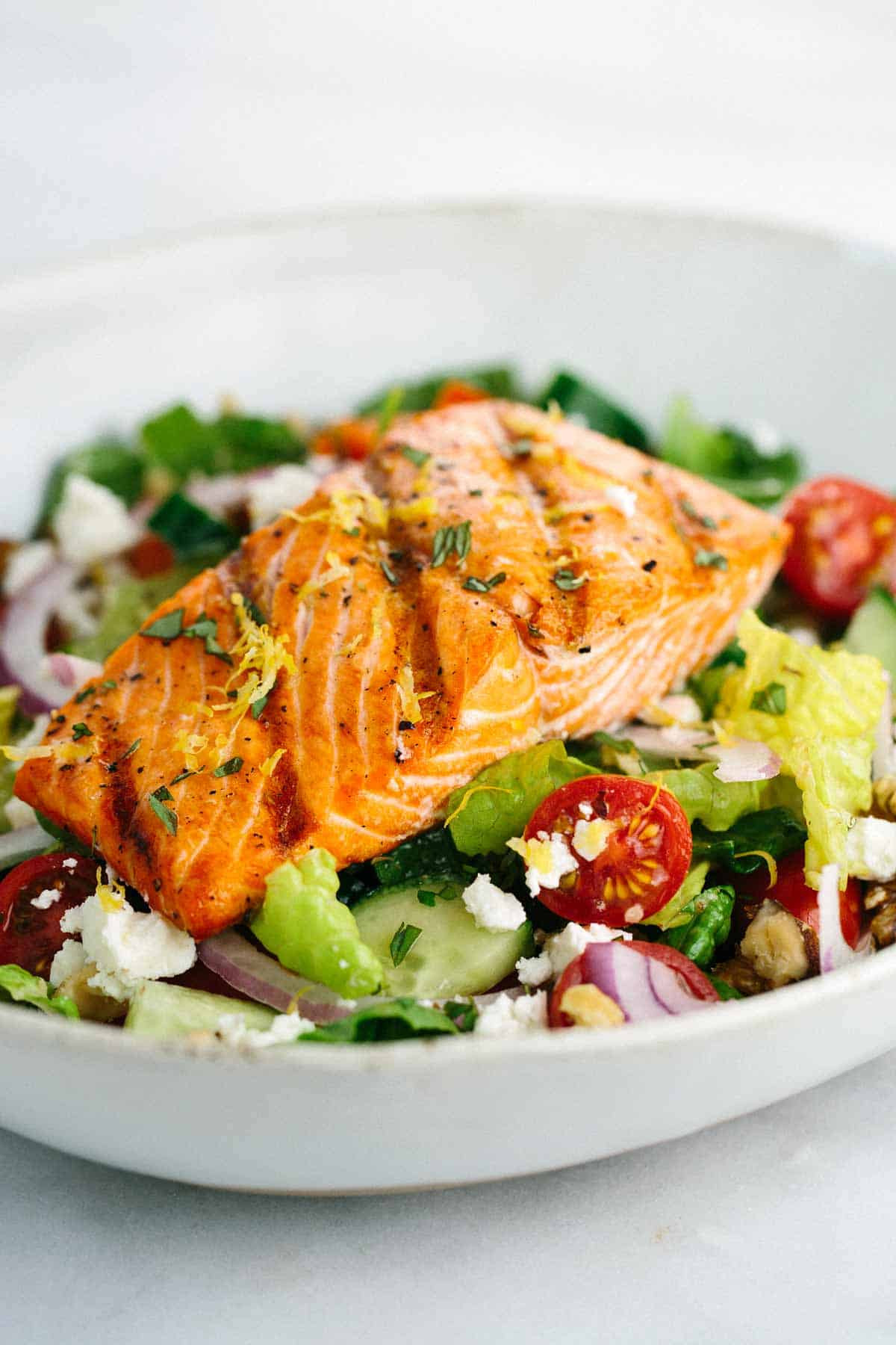 Salmon Salad Recipe
 Grilled Salmon Greek Salad with Lemon Basil Dressing