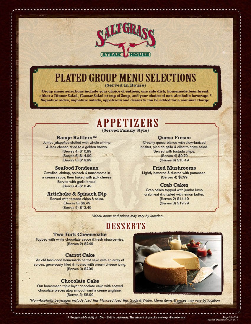 Saltgrass Desserts Menu
 Group Menu Options for Kemah Bossier City & San Antonio